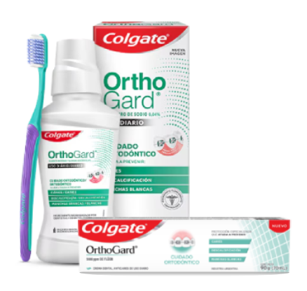 Enjuague bucal Colgate OrthoGard de 250ml y cepillo dental para cuidado ortodóntico, ideal para prevenir manchas blancas y descalcificación