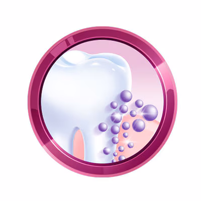 Ilustración de diente con esferas protectoras púrpuras en círculo, representando la tecnología de Colgate para aliviar la sensibilidad dental