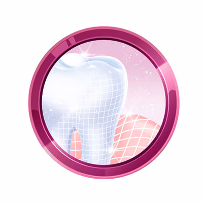 Ilustración de diente con capa protectora brillante en círculo púrpura, simbolizando el alivio de sensibilidad dental y protección de encías